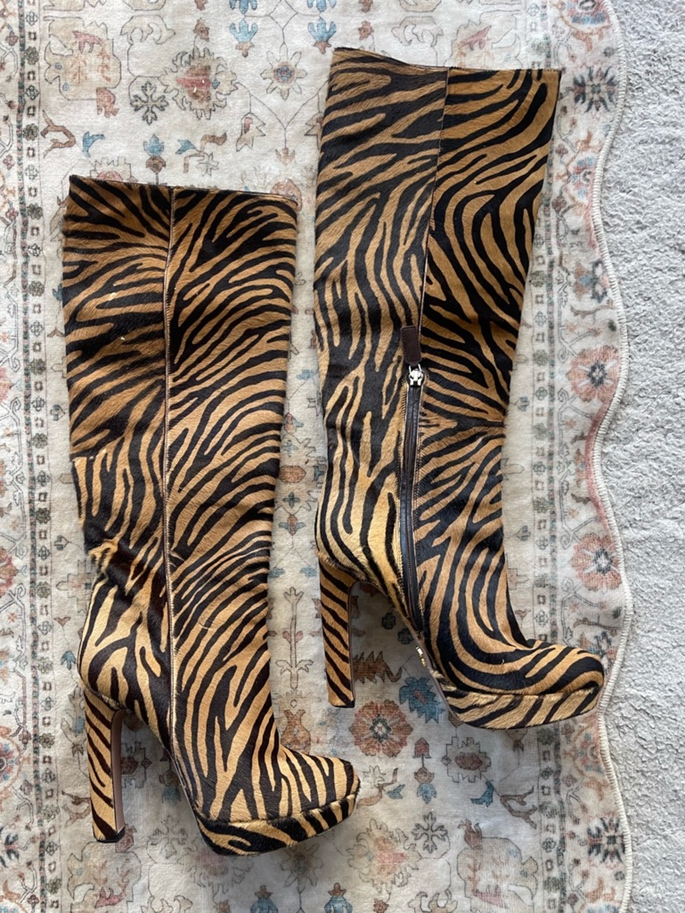 Prada Brown and Black Zebra-Print Knee High Pony Hair Platform Boots - Picture 2 of 13